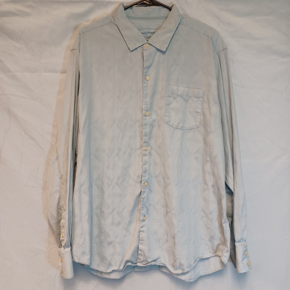 Tommy Bahama Long Sleeved Button Down 70% Silk Hawaiian Shirt Blue Tropical XL